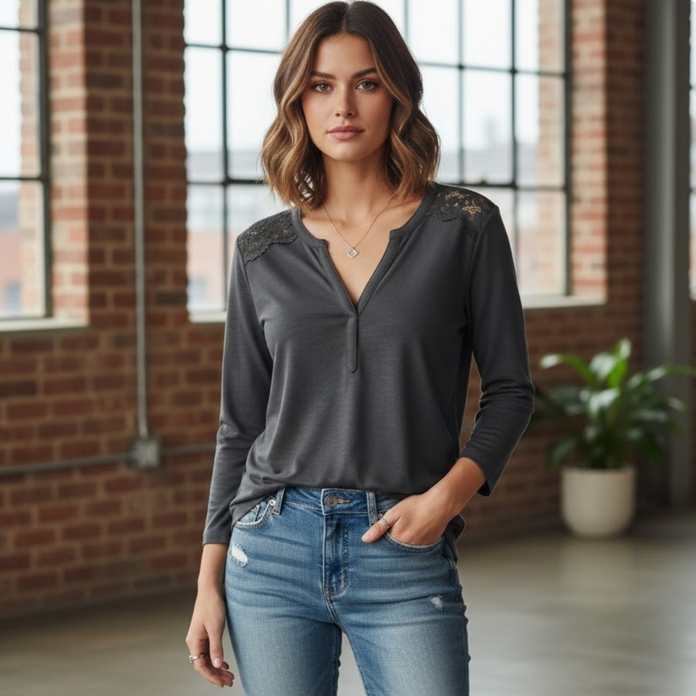 H&M Charcoal Grey Top with Delicate Lace Shoulder Detail – Size L
